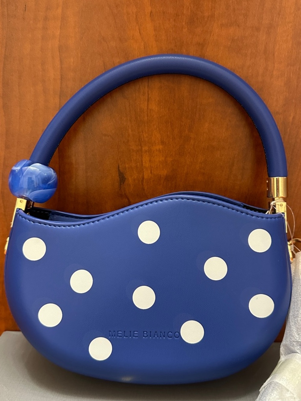 Melie Bianco Blue and White Polka Dot Top-Handle or Crossbody Bag with Bead
